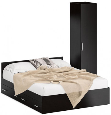 Кровать с ящиками 1600 + Пенал Стандарт, цвет венге, ШхГхВ 163,5х203,5х70 + 45х52х200 см., сп.м. 1600х2000 мм., без матраса, основание есть