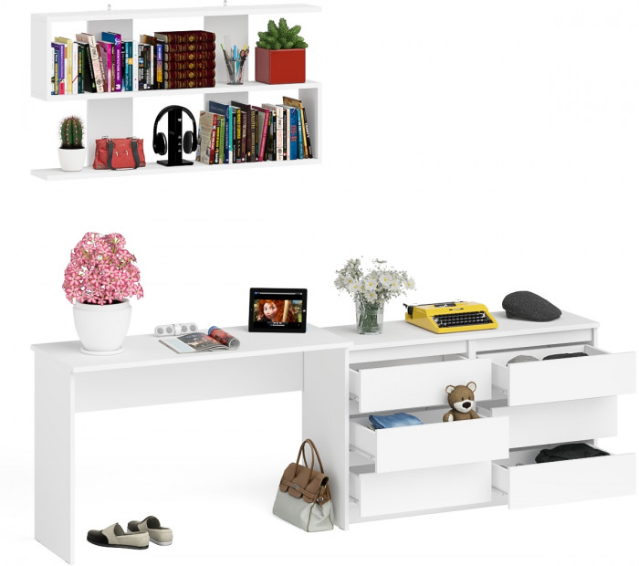 Мори письменный стол МСП1200.1 + Комод МК1200.6 + Полка 1200, белый