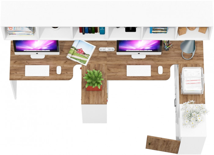 Лидер-8 Стол + Полка + Стол + Полка + Тумба МД 3.19, белый шагрень/крафт золото