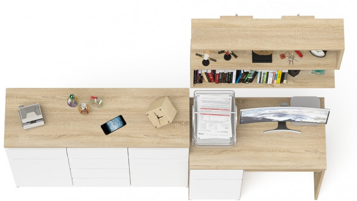 Мори компьютерный стол МС-1 левый + Комод МК1200.4 + Полка 900, дуб сонома/белый