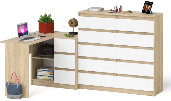 Мори компьютерный стол МС-16 правый + Комод МК1200.10, дуб сонома/белый