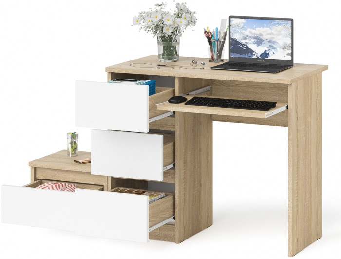 Мори компьютерный стол МС-6 левый + Тумба ТМП400.1, дуб сонома/белый