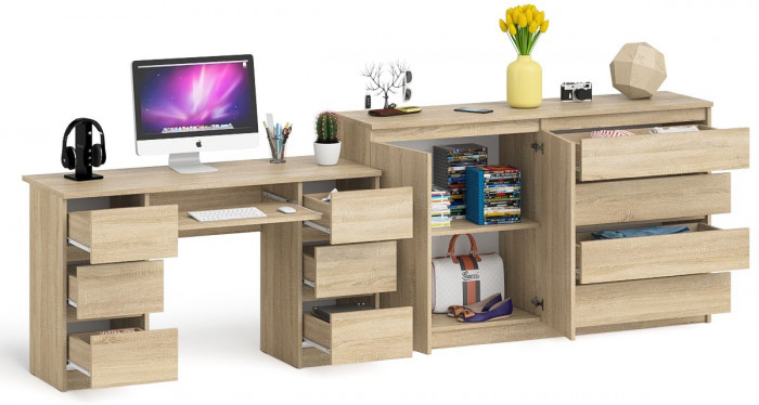 Мори Стол компьютерный МС-2 + Комод МК1600.1, цвет дуб сонома, ШхГхВ 295,8х50х94 см., универсальная сборка