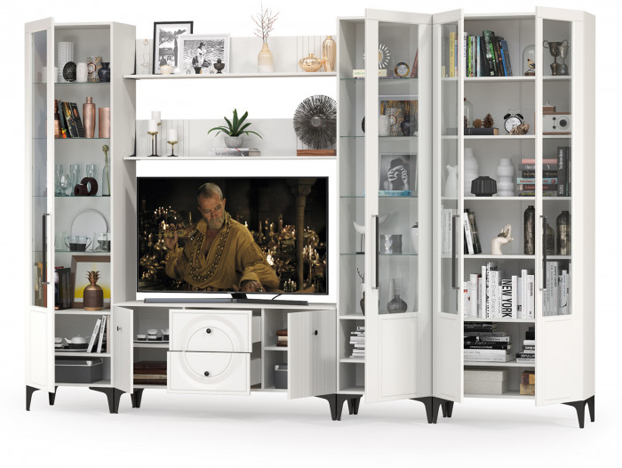 Валенсия Гостиная № 071, цвет ЛДСП белый шагрень/МДФ белый шагрень, ШхГхВ 327,2х38,3х225,2 см., ниша для ТВ 133х38х117 см., универсальная сборка