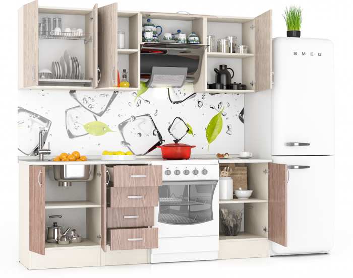 Кухня Мери 05 ШВ600+ШВ400+ШВв600+ШВ500+ШН600+ШН4Я400+ШН500, цвет дуб/ясень шимо светлый/ясень шимо тёмный, ШхГхВ 210х30х67 см./150х60х85 см.