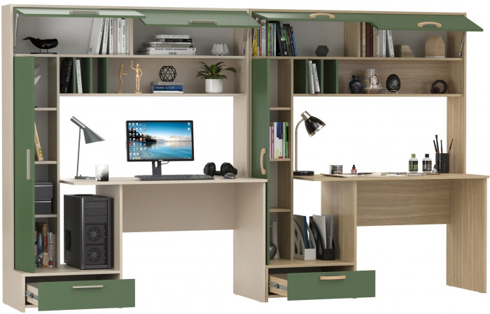 Два Стола письменных Лайт 03.243Н, цвет сатин/дымчатый зелёный/плэйн/дымчатый зелёный, ШхГхВ 300,4х57,3х179,9 см., НЕ универсальная сборка