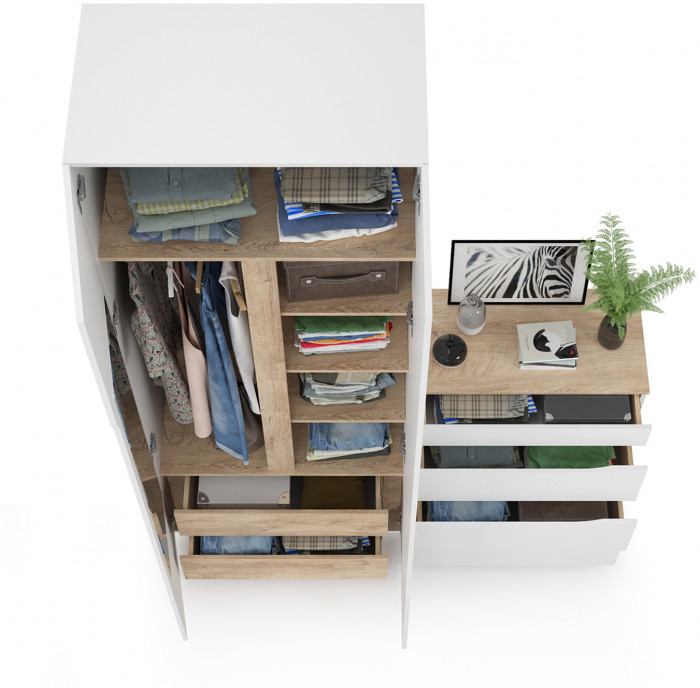 Муссон 13.198 Шкаф двухстворчатый + 13.97 Комод, цвет белый/дуб эндгрейн элегантный, ШхГхВ 164,6х52,3х229,8 см., НЕ универсальная сборка