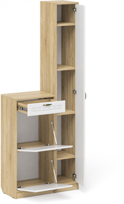 Прихожая П-6 Компоновка № 22, цвет дуб сонома/фасады МДФ белое дерево фрезеровка ромб, ШхГхВ 80х35х210 см., универсальная сборка