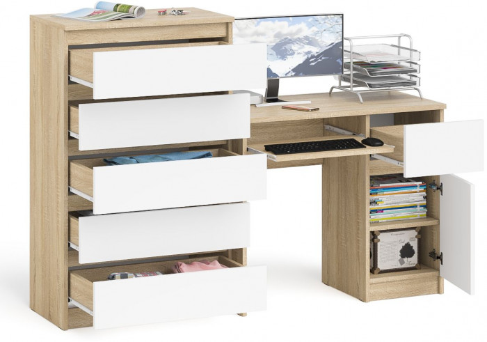 Мори Стол компьютерный МС-1 правый + Комод МК700.5, цвет дуб сонома/белый, ШхГхВ 160,4х50х114 см., выдвижной ящик справа, НЕ универсальная сборка