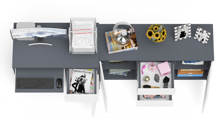 Мори компьютерный стол МС-1 правый + Комод МК1200.3, графит/белый