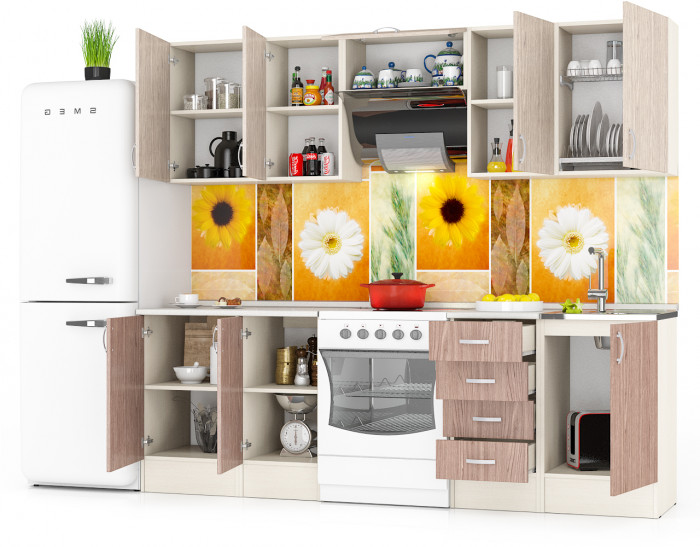 Кухня Мери 06 ШВ500+ШВ400+ШВв600+ШВ400+ШВ500+ШНМ500+ШН4Я400+ШН400+ШН500, цвет дуб/ясень шимо светлый/тёмный, ШхГхВ 240х30х67 см./180х60х85 см.