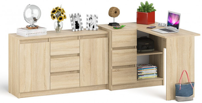 Мори компьютерный стол МС-16 левый + Комод МК1200.3, дуб сонома