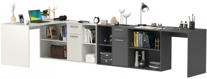 Два Стола письменных Лайт 03.245, цвет белый шагрень/тёмно-серый, ШхГхВ 342,9х136х75,2 см.(угловой) или 407,2х60х75,2 см.(прямой), универс. сборка