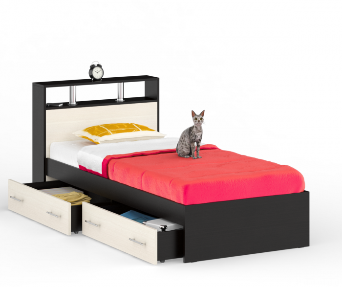 Камелия Кровать с ящиками 0900, цвет венге/дуб лоредо, ШхГхВ 93,5х217х78,2 см., сп.м. 900х2000 мм., без матраса, основание есть