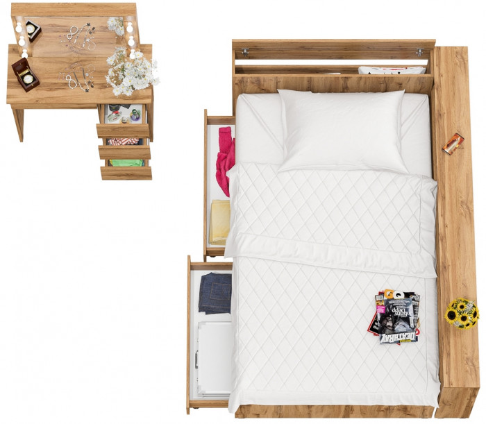 Ксения Кровать с ящиками 1200 + прикроватный блок + Столик с подсветкой Сура, дуб вотан