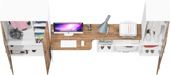 Лидер-8 Шкаф МД 20Б + Стол + Пенал 21Б, цвет белый шагрень/крафт золото, ШхГхВ 285х50/37,5х75/190 или 195х120х75/190 см., НЕ ун.сб.