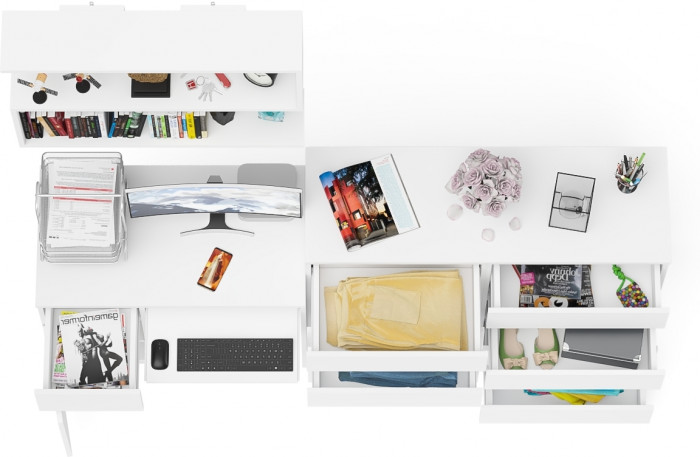 Мори Стол компьютерный МС-1 левый + Комод МК1200.8 + Полка 900, цвет белый, ШхГхВ 210,4х50х209,6 см., НЕ универсальная сборка