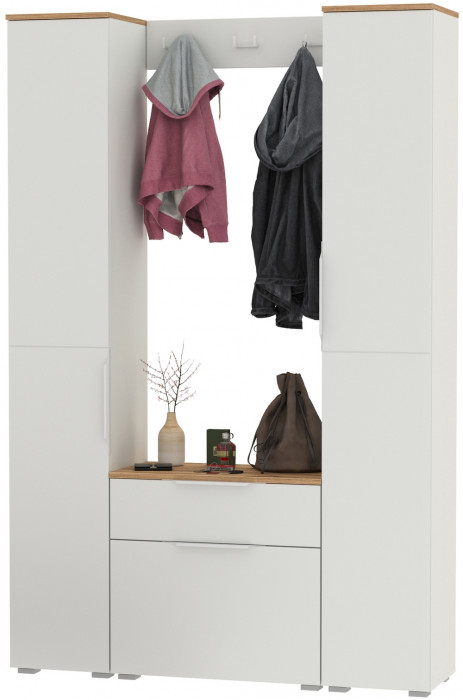 Октава Прихожая 19, цвет белый шагрень/дуб крафт золотой/фасады МДФ белый шагрень, ШхГхВ 129,3х35,4х197,6 см., универсальная сборка