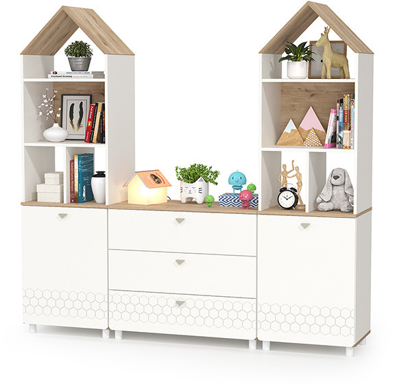 Эйп 13.14 Стеллаж + 13.322 Комод + 13.14 Стеллаж, цвет белый/дуб белый, ШхГхВ 191х41,5х183,8 см., универсальная сборка