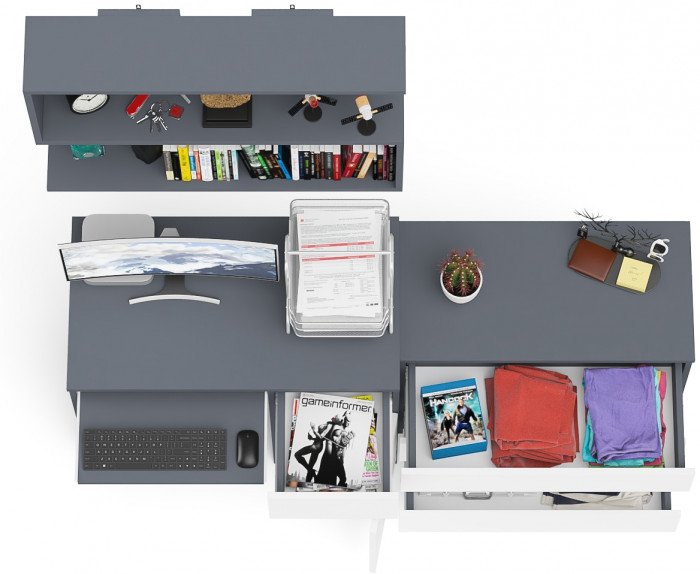 Мори Стол компьютерный МС-1 правый + Комод МК800.1 + Полка 900, цвет графит/белый, ШхГхВ 170,4х50х209,6 см., НЕ универсальная сборка