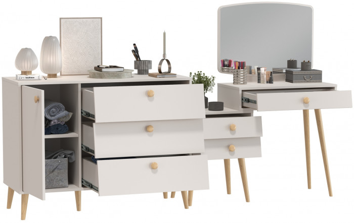 Афина Спальня Трюмо + Комод с дверкой и тремя ящиками, кашемир серый