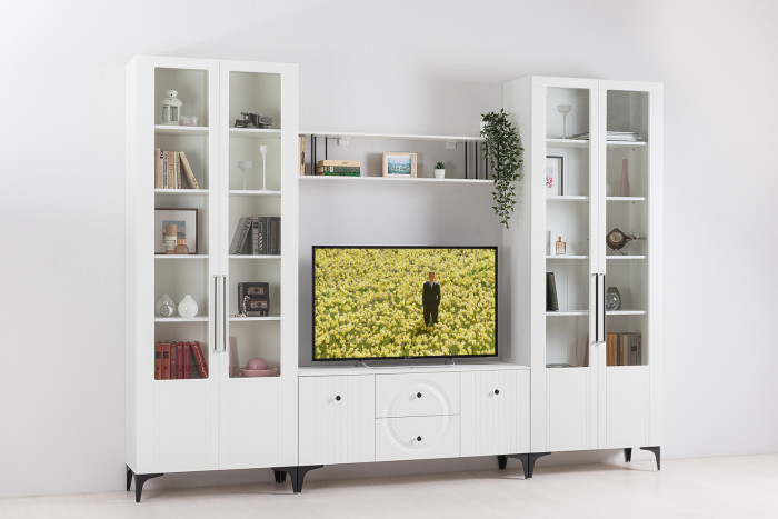 Валенсия Гостиная № 074, цвет ЛДСП белый шагрень/МДФ белый шагрень, ШхГхВ 301,3х38,3х225,2 см., универсальная сборка