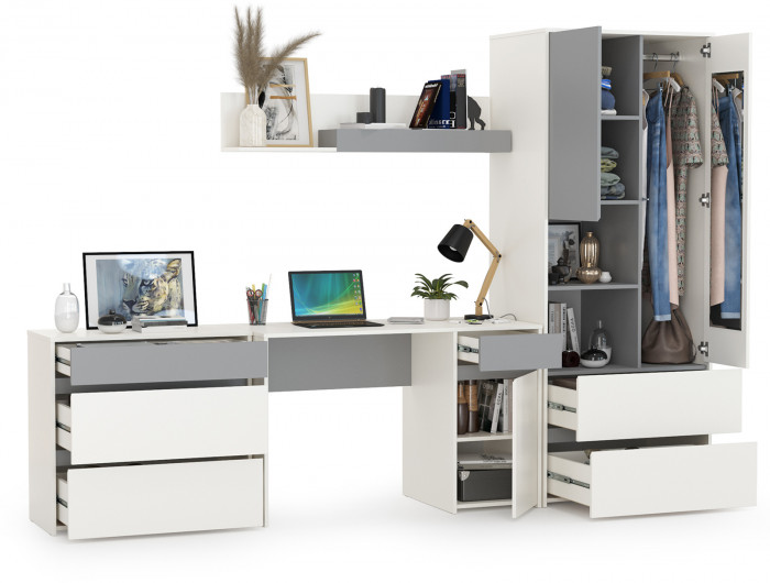 Торонто Компоновка № 03, цвет белый шагрень/стальной серый, ШхГхВ 280х53,1х195,7 см., универсальная сборка