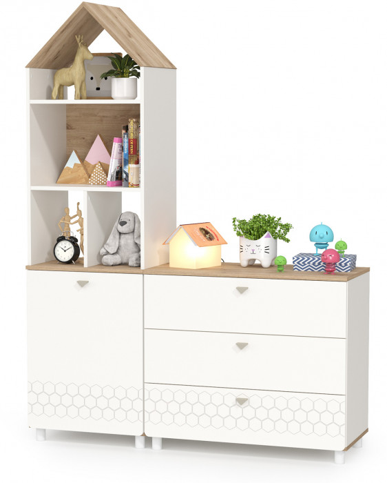 Эйп 13.14 Стеллаж + 13.322 Комод, цвет белый/дуб белый, ШхГхВ 138х41,5х183,8 см., универсальная сборка