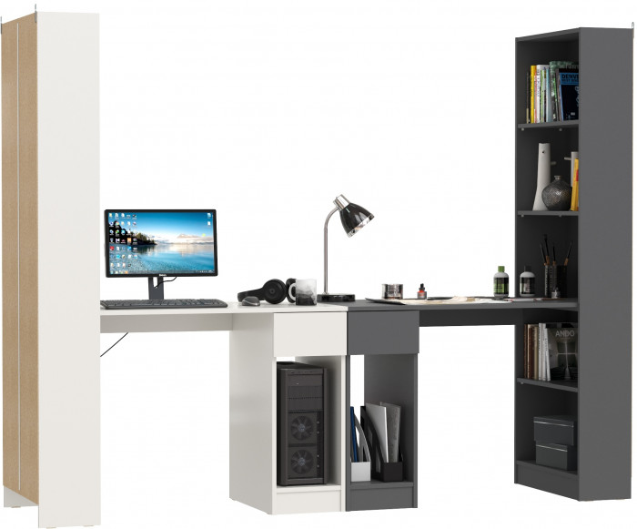 Два Стола письменных Лайт 10.01, цвет белый гладкий/тёмно-серый, ШхГхВ 230,6х58,2х179 см., универсальная сборка(обязательно крепление к стене)