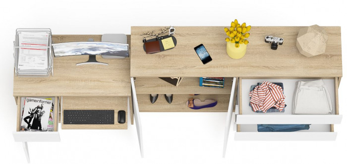 Мори Стол компьютерный МС-1 левый + Комод МК1600.1, цвет дуб сонома/белый, ШхГхВ 250,4х50х94 см., выдвижной ящик слева, НЕ универсальная сборка