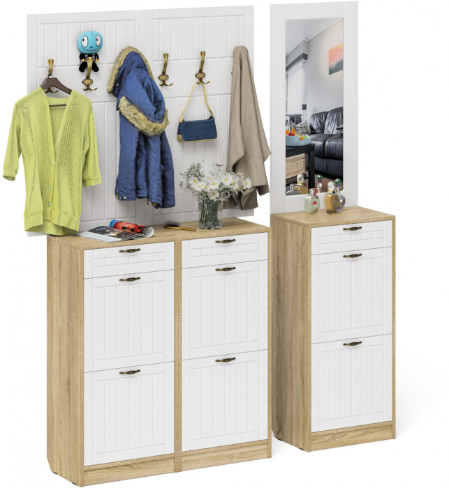 Прихожая П-6 Компоновка № 06, цвет дуб сонома/фасады МДФ белое дерево фрезеровка прованс, ШхГхВ 170х35х200 см., универсальная сборка