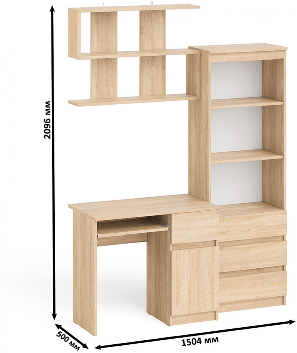 Мори компьютерный стол МС-1 правый + Стеллаж МСТ600.3 + Полка 900, дуб сонома