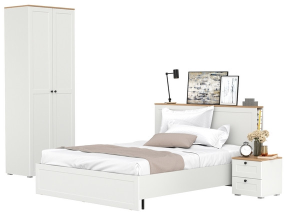 Остин 11.53 Кровать + ортопед + 13.224 Шкаф + 16.152 Тумба прикроватная, белый шагрень/дуб крафт золотой