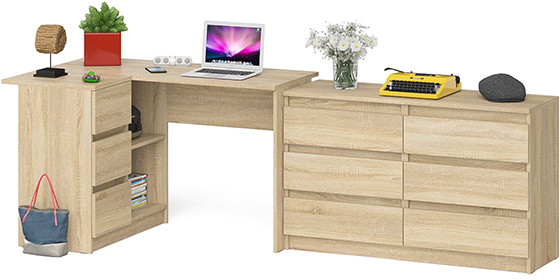 Мори Стол компьютерный МС-16 левый + Комод МК1200.6, цвет дуб сонома, ШхГхВ 244,8х84,9х76,6 см., выдвижные ящики слева, НЕ универсальная сборка