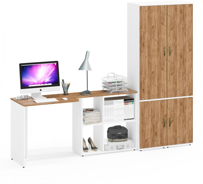 Лидер-8 Стол + Пенал МД 22Б + Пенал МД 22Б, белый шагрень/крафт золото