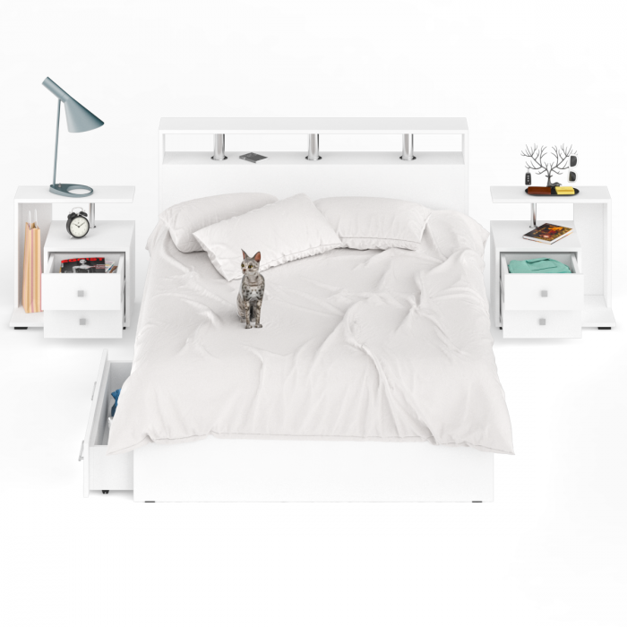 Камелия Кровать с ящиками 1400 + две тумбы, цвет белый, ШхГхВ 256х217х78,2 см., сп.м. 1400х2000 мм., без матраса, основание есть