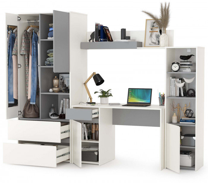 Торонто Компоновка № 04, цвет белый шагрень/стальной серый, ШхГхВ 240х53,1х195,7 см., универсальная сборка