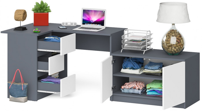 Мори компьютерный стол МС-16 левый + Тумба МА900.1, графит/белый