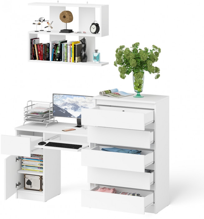Мори Стол компьютерный МС-1 левый + Комод МК700.5 + Полка 900, цвет белый, ШхГхВ 160,4х50х209,6 см., НЕ универсальная сборка