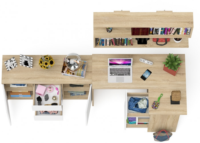 Мори компьютерный стол МС-16 правый + Комод МК1200.3 + Полка 1200, дуб сонома/белый