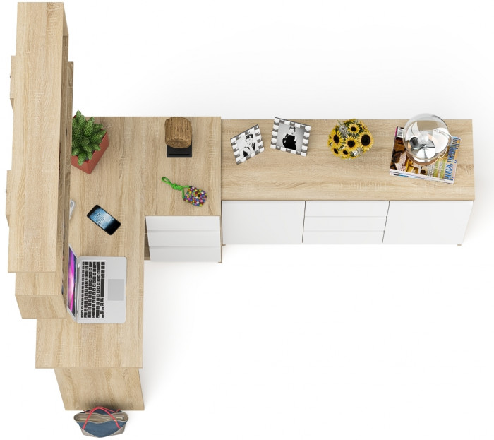 Мори компьютерный стол МС-16 правый + Комод МК1200.3 + Полка 1200, дуб сонома/белый