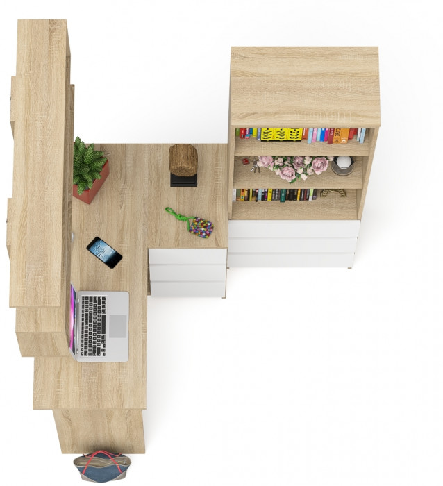 Мори компьютерный стол МС-16 правый + Стеллаж МСТ600.3 + Полка 1200, дуб сонома/белый