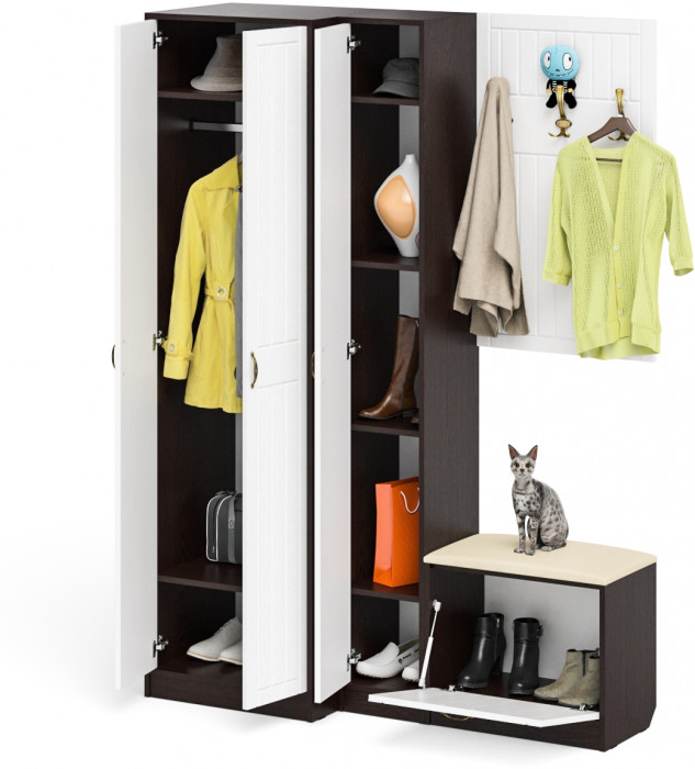 Прихожая П-6 Компоновка № 27, цвет венге/фасады МДФ белое дерево фрезеровка прованс, ШхГхВ 150х50х210 см., универсальная сборка