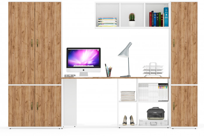 Лидер-8 Шкаф МД 19Б + Стол + Полка + Пенал 23Б, белый шагрень/крафт золото