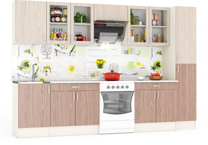 Кухня Мери 10 ШВ500+ШВС800+ШВв600+ШВС800+Пенал кухонный 40 см.+ШНМ500+ШН1Я800+ШН1Я800, цвет дуб/ясень шимо светлый/тёмный, ШхГхВ 310х60х212 см.