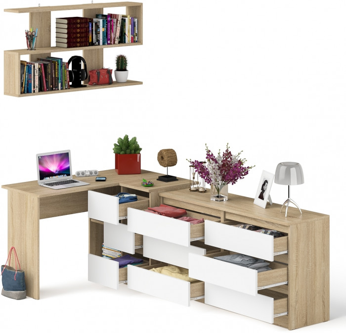 Мори компьютерный стол МС-16 правый + Комод МК1380.6 + Полка 1200, дуб сонома/белый