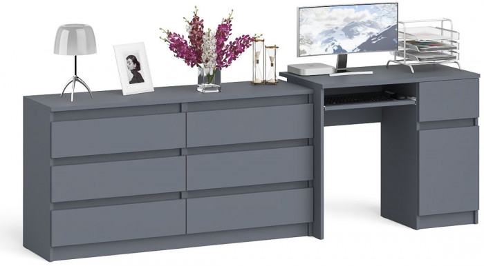 Мори Стол компьютерный МС-1 правый + Комод МК1380.6, цвет графит, ШхГхВ 228х50х76,6 см., выдвижной ящик справа, НЕ универсальная сборка