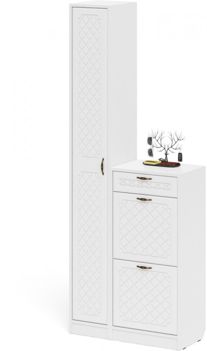 Прихожая П-6 Компоновка № 22, белая шагрень/фасады МДФ белое дерево фрезеровка ромб