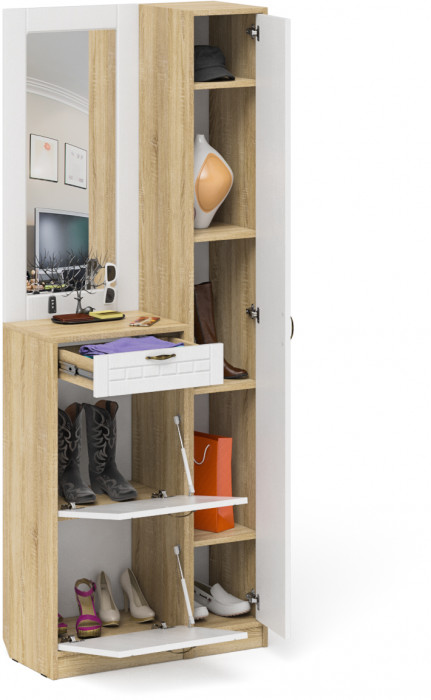 Прихожая П-6 Компоновка № 23, цвет дуб сонома/фасады МДФ белое дерево фрезеровка прованс, ШхГхВ 80х35х210 см., универсальная сборка