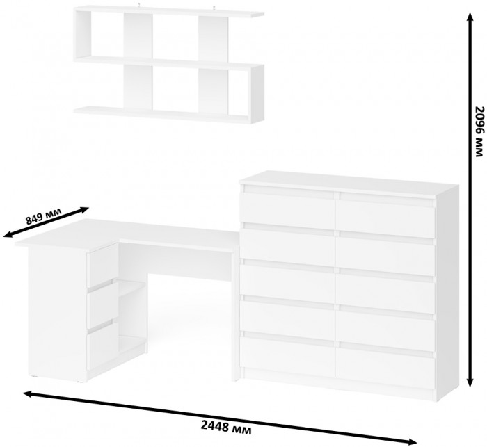 Мори компьютерный стол МС-16 левый + Комод МК1200.10 + Полка 1200, белый